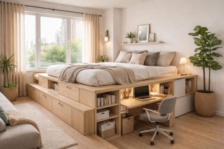 découvrez comment optimiser l'espace de votre studio grâce à une estrade de rangement pratique et design, alliant fonctionnalité et gain de place.