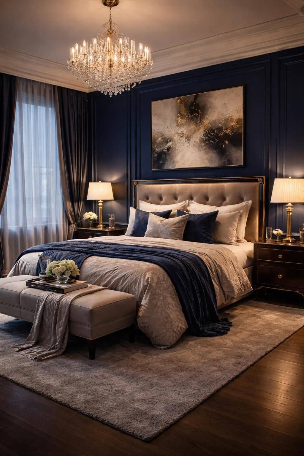 découvrez comment associer le bleu nuit dans une chambre élégante pour créer une ambiance chic et apaisante, avec des conseils de décoration raffinés.