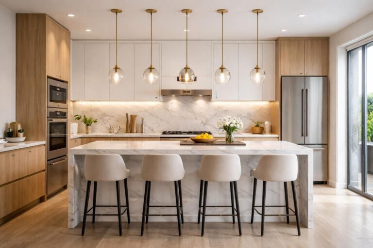 découvrez comment intégrer des suspensions alignées au-dessus de votre îlot pour illuminer et sublimer votre cuisine avec style et harmonie.