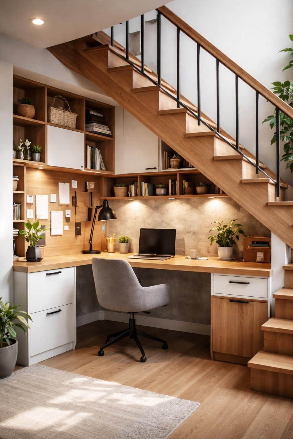 d&eacute;couvrez comment am&eacute;nager un mini bureau fonctionnel et esth&eacute;tique sous votre escalier pour optimiser l'espace de votre int&eacute;rieur.