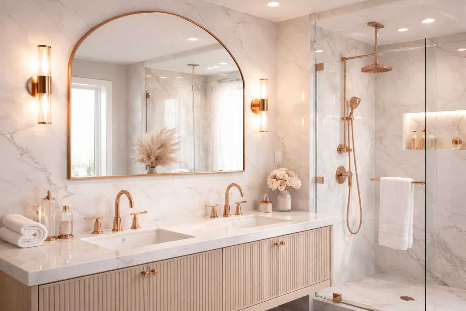 d&eacute;couvrez comment int&eacute;grer des touches d&rsquo;or rose dans votre salle de bain pour un style &eacute;l&eacute;gant et moderne, alliant chaleur et raffinement.