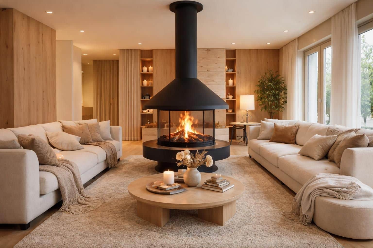 d&eacute;couvrez comment am&eacute;nager un salon avec une chemin&eacute;e centrale pour cr&eacute;er un espace chaleureux et convivial, en alliant design et confort.