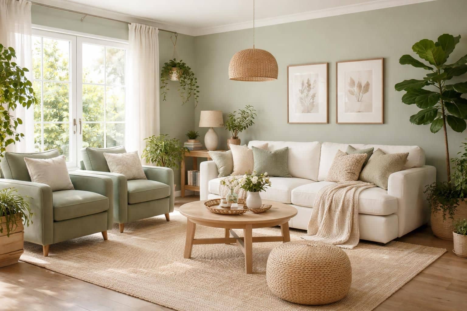 d&eacute;couvrez comment cr&eacute;er un salon vert sauge et beige harmonieux, alliant &eacute;l&eacute;gance et douceur pour un int&eacute;rieur apaisant et tendance.