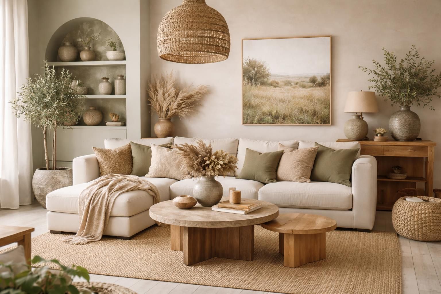 découvrez comment intégrer harmonieusement les tons olive et sable dans votre salon pour créer une ambiance calme et apaisante.