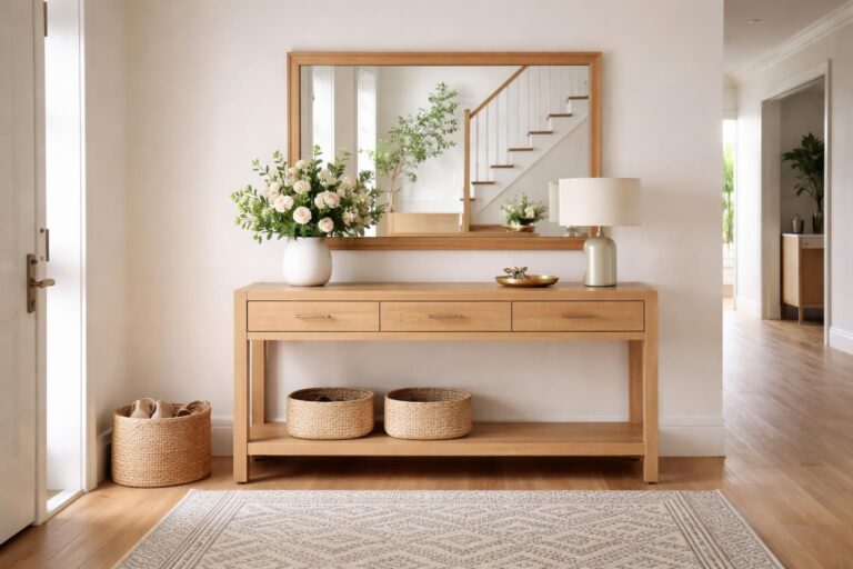 découvrez comment décorer une entrée avec une console élégante et un miroir pour un accueil chaleureux et stylé.