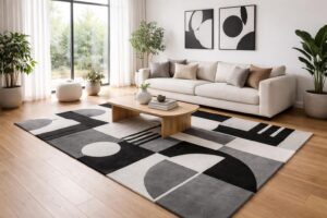 découvrez comment décorer un salon en mettant en valeur un tapis graphique pour créer un espace moderne et harmonieux.