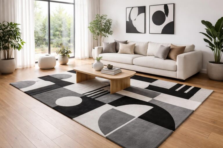 découvrez comment décorer un salon en mettant en valeur un tapis graphique pour créer un espace moderne et harmonieux.